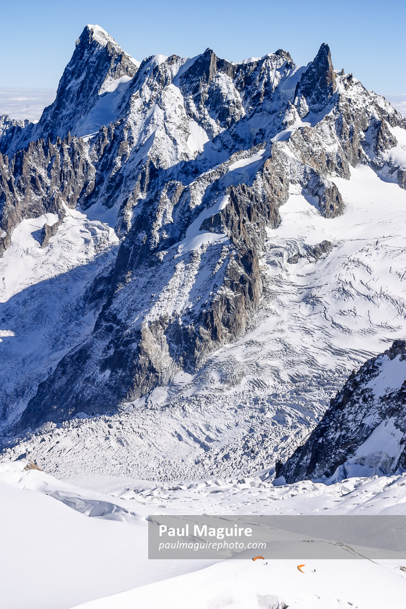 Paragliders on glacier, Mont Blanc Massif, French Alps, France