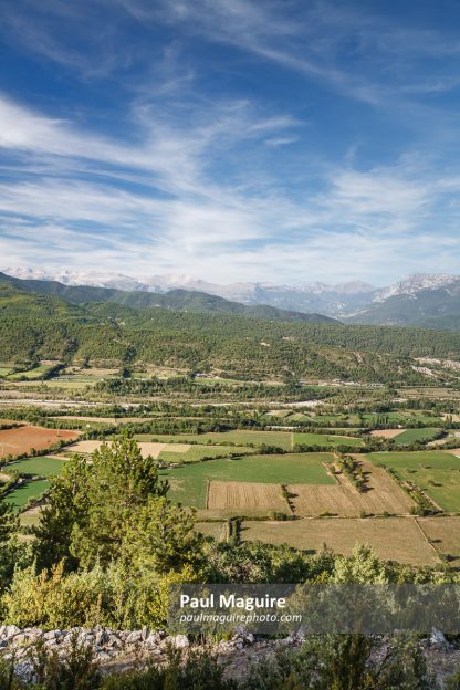 Spanish farming landscape. Fields and Pyrenees, Aragon, Spain
