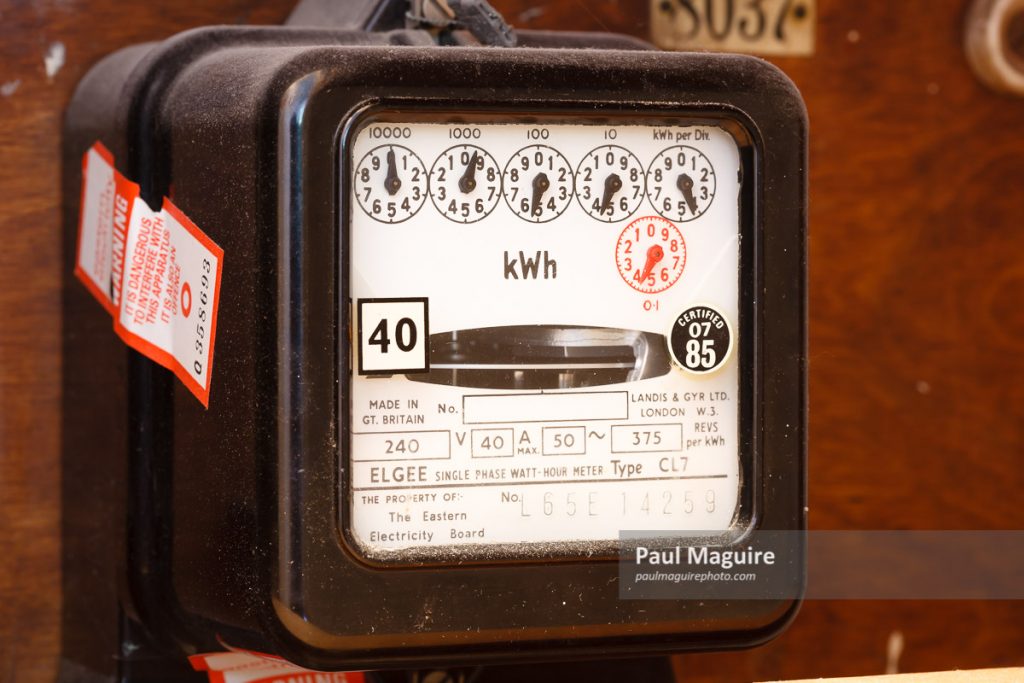 Stock photo Electricity meter, analogue domestic electric meter, UK