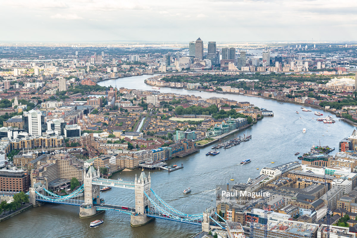 London cityscape, Tower Bridge and Docklands area, London, UK