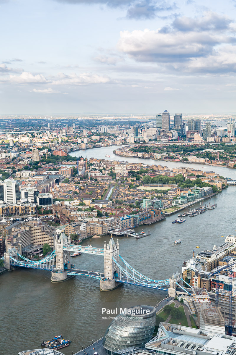 Aerial view of Tower Bridge and central London, UK
