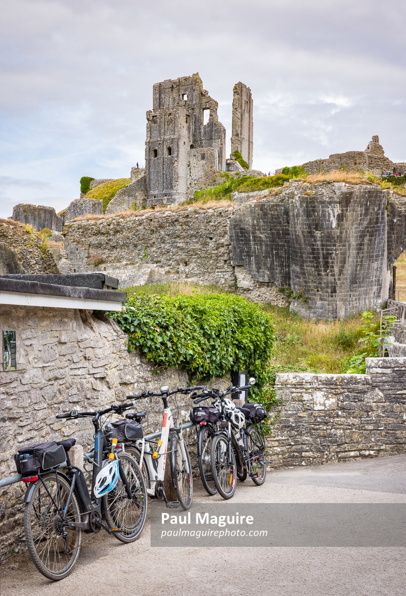 UK cycling tour. Bicycles outside Corfe Castle, Dorset, UK