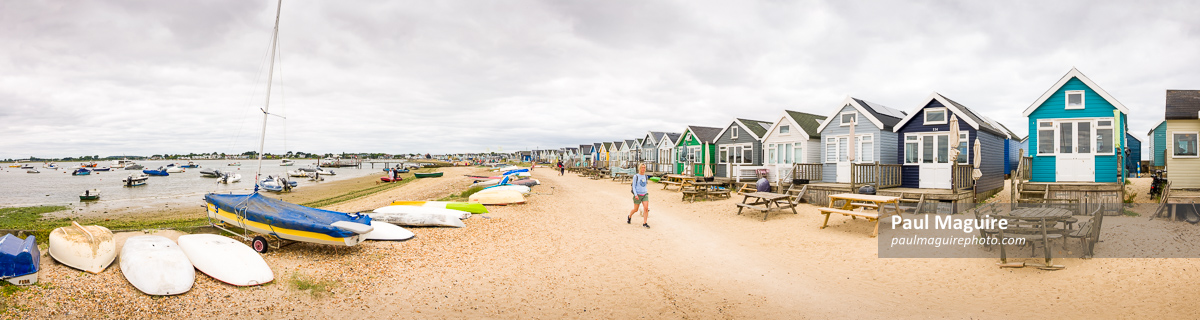 Panoramic of harbour and beach huts, Hengistbury Head, Dorset UK