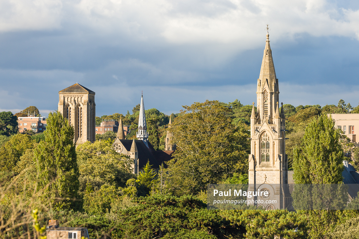 Church towers in Bournemouth cityscape, Dorset, UK