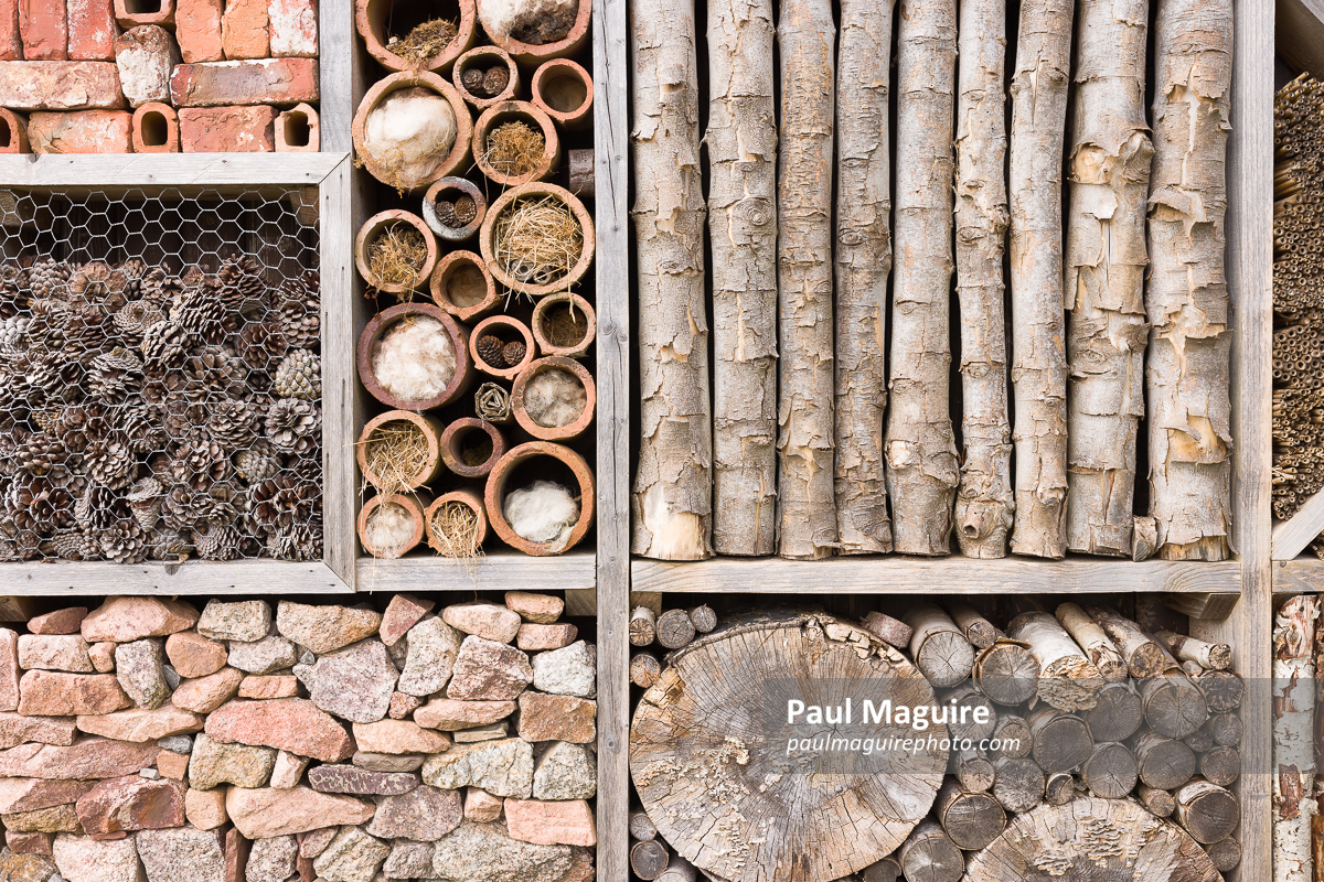 Detail of a bug hotel or insect house, UK wildlife conservation